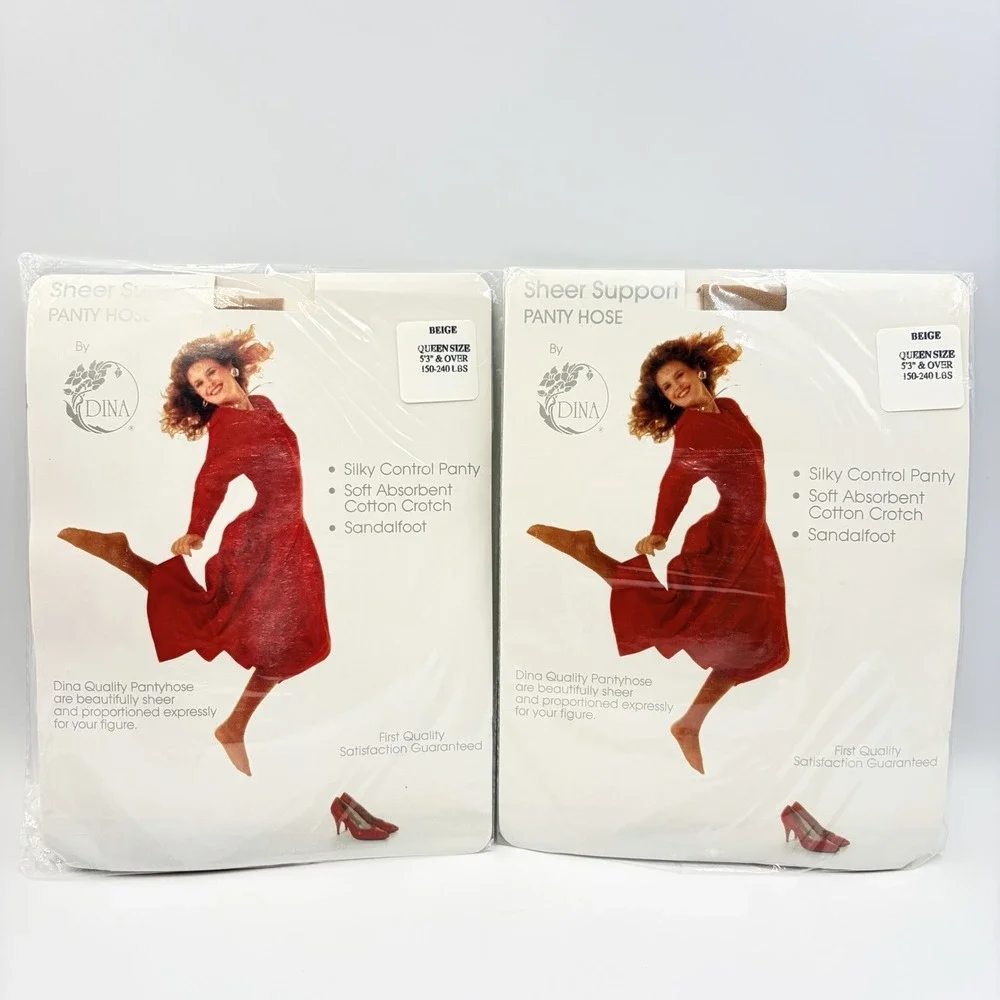 2 - Sheer Support Pantyhose By Dina Beige Queen Size 5'3 & Over 150-240 Lbs USA